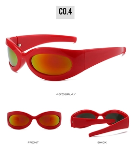 Three perspectives of red Y2K sports sunglasses with orange-yellow reflective lenses