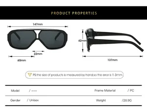 Detailed size chart for unisex double bridge sunglasses with PC frame measurements