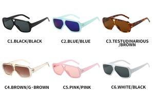 Detailed grid view of six colored oversized flat top sunglasses with thick plastic frames