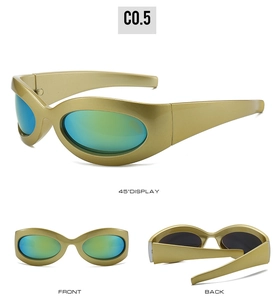 Three-way view of Y2K sunglasses with thick gold frames and green-blue mirrored lenses