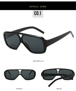 Detailed views of black oversized sunglasses showing front, back and 45-degree angles