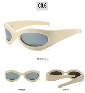 Three-way view of retro cream Y2K sports sunglasses with dark oval lenses and thick frames