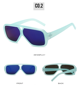 Three views showing mint green frame details and purple lenses of these oversized sunglasses