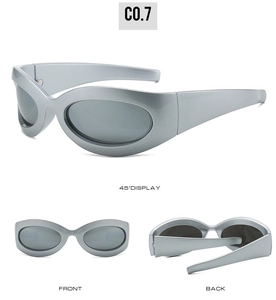 Three-angle view of silver Y2K oval sunglasses with sleek metallic finish frames