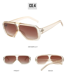 Detailed views of champagne square sunglasses with double bridge and gradient lenses