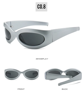 Three-angle display of silver Y2K sports sunglasses with dark grey UV protective lenses