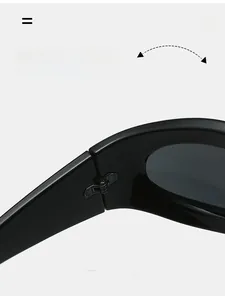 Macro view of durable metal hinges on glossy black Y2K sports sunglasses for women