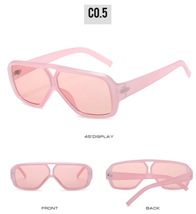 Three perspectives of pink double-bridge sunglasses showing front, back, and 45-degree angles