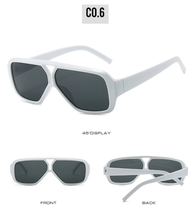 Three-angle view of oversized white sunglasses with dark lenses and double-bridge frame