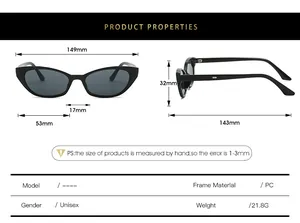 Size chart showing 149mm width and 21.8g weight for black cat-eye unisex sunglasses