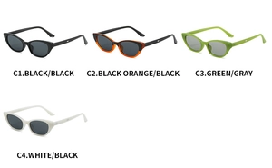 Cat eye sunglasses detail showing black, orange, green, and white resin frames