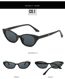 Detailed views of black cat-eye sunglasses with polished resin frames and silver accents