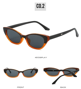Three views of retro cat-eye sunglasses featuring black and orange color-block frames