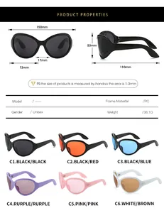 Size guide for oversized hip-hop sunglasses with full frame dimensions and weight details