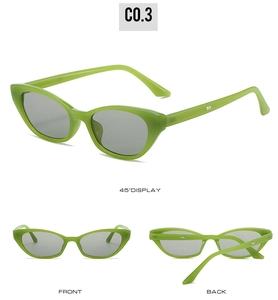 Detailed views of translucent green cat-eye sunglasses with metal hinge accents