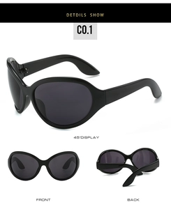 Three-angle view of black oval oversized sunglasses with a minimalist hip-hop aesthetic