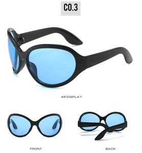 Detailed views of thick black oval sunglasses featuring vintage blue tinted lenses