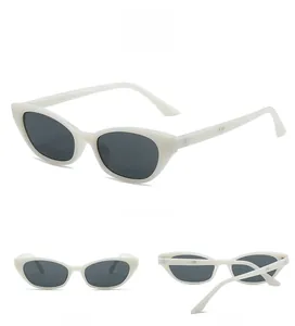 Three-angle view of white cat-eye sunglasses with dark grey lenses and metal temple detail