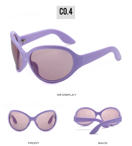 Three perspectives of purple oval sunglasses with brown lenses and 45-degree angle view