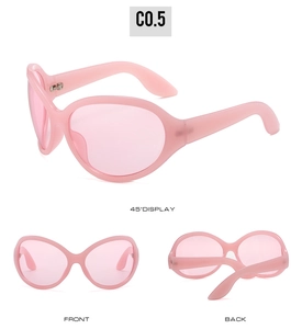 Three-angle view showing front, back, and 45-degree profile of pink alien sunglasses