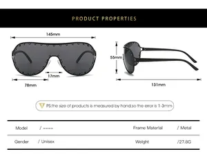 Detailed size chart for oversized rivet sunglasses showing dimensions and metal frame specs