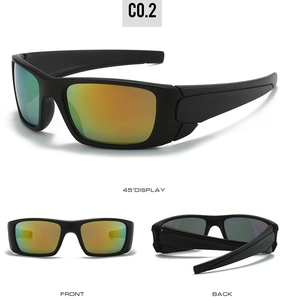 Vue sous trois angles de lunettes de soleil de cyclisme carrées avec verres dégradés orange-vert