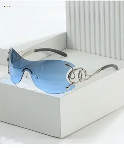 Macro detail of Y2K sunglasses with silver snake temple design and light blue lens