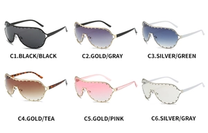 Six assorted colors of oversized one-piece rivet sunglasses with metallic frame details