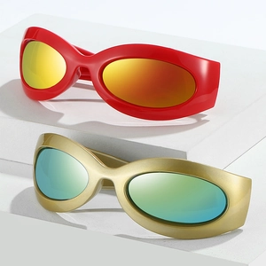 Y2K style sporty sunglasses in vibrant red and champagne gold frames with mirrored lenses