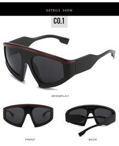 Detailed views of matte black sports cycling sunglasses with red stripe and wide temples