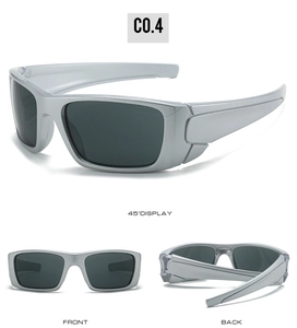 Détail des lunettes de cyclisme argentées mates avec verres UV et vue à 45 degrés