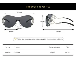 Detailed size chart for Y2K oversized wrap-around sunglasses with snake metal temples
