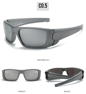 Trois vues de lunettes de soleil sport carrées gris mat montrant les angles avant et arrière