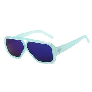 Chic double-bridge oversized sunglasses with translucent green frames and blue lenses