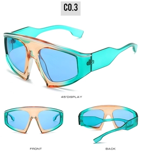 Three-angle view of oversized cycling sunglasses with teal and orange gradient frames