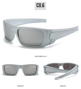 Vue sous trois angles de lunettes de sport argentées montrant face, arrière et profil