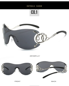 Y2K oversized shield sunglasses featuring silver snake-shaped hollow temples and 45-degree view