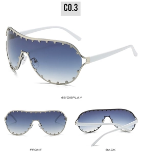 Detailed multi-angle views of white frame oversized shield sunglasses with blue lenses