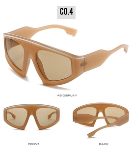 Detailed multi-angle views of oversized sports sunglasses in transparent tea brown finish