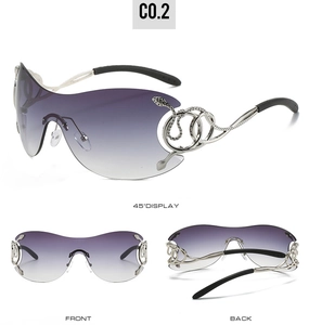 Detailed views of Y2K rimless sunglasses with silver snake hinge and gradient lenses
