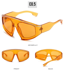 Three-angle view of orange semi-transparent sports cycling sunglasses with wide frames