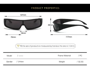 Detailed size chart showing dimensions and PC material for sports cycling sunglasses