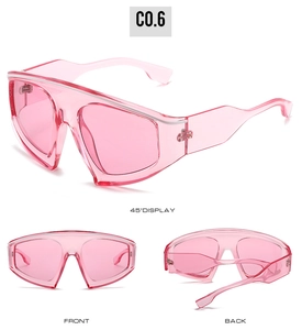 Three-way view of pink transparent oversized cycling sunglasses showing all angles