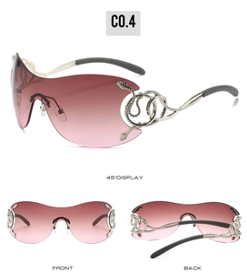 Detailed views of Y2K shield sunglasses with silver snake temple and gradient pink lens