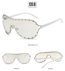 Three views of silver oversized shield sunglasses with rivet details and white temples