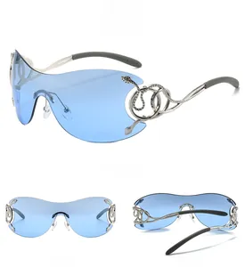 Detail of silver snake carving and interlocking ring design on Y2K oversized blue sunglasses