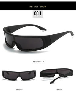 Three perspectives of matte black sports sunglasses with translucent grey lenses