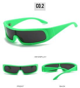 Three-way view of fluorescent green sports sunglasses with gray wraparound lens