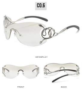 Detailed views of silver Y2K oversized sunglasses with snake-shaped metal temples and accents