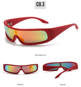 Detailed views of red sports cycling sunglasses with multi-color gradient lenses and UV400